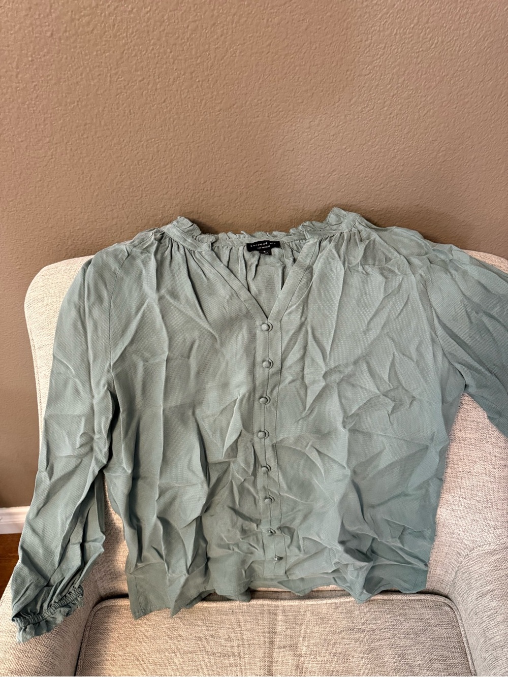 Current Air Sage Green Button-Front Ruffle-Neck Blouse
